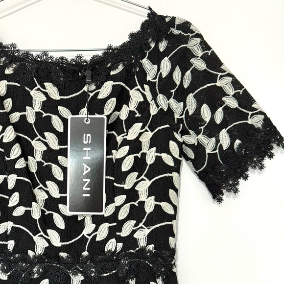 Shani NWT Black/White Two Tone Lace Bateau Neck Ruffle Hem Dress - Picture 3 of 10